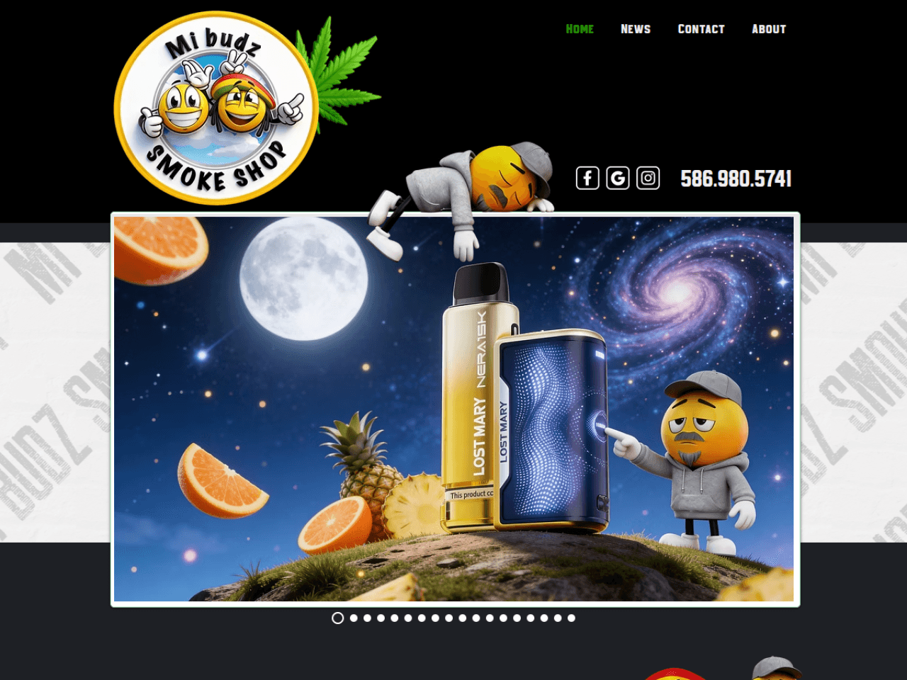 Mi Budz Smoke Shop — colorful mascot-led smoke shop site, Sterling Heights MI