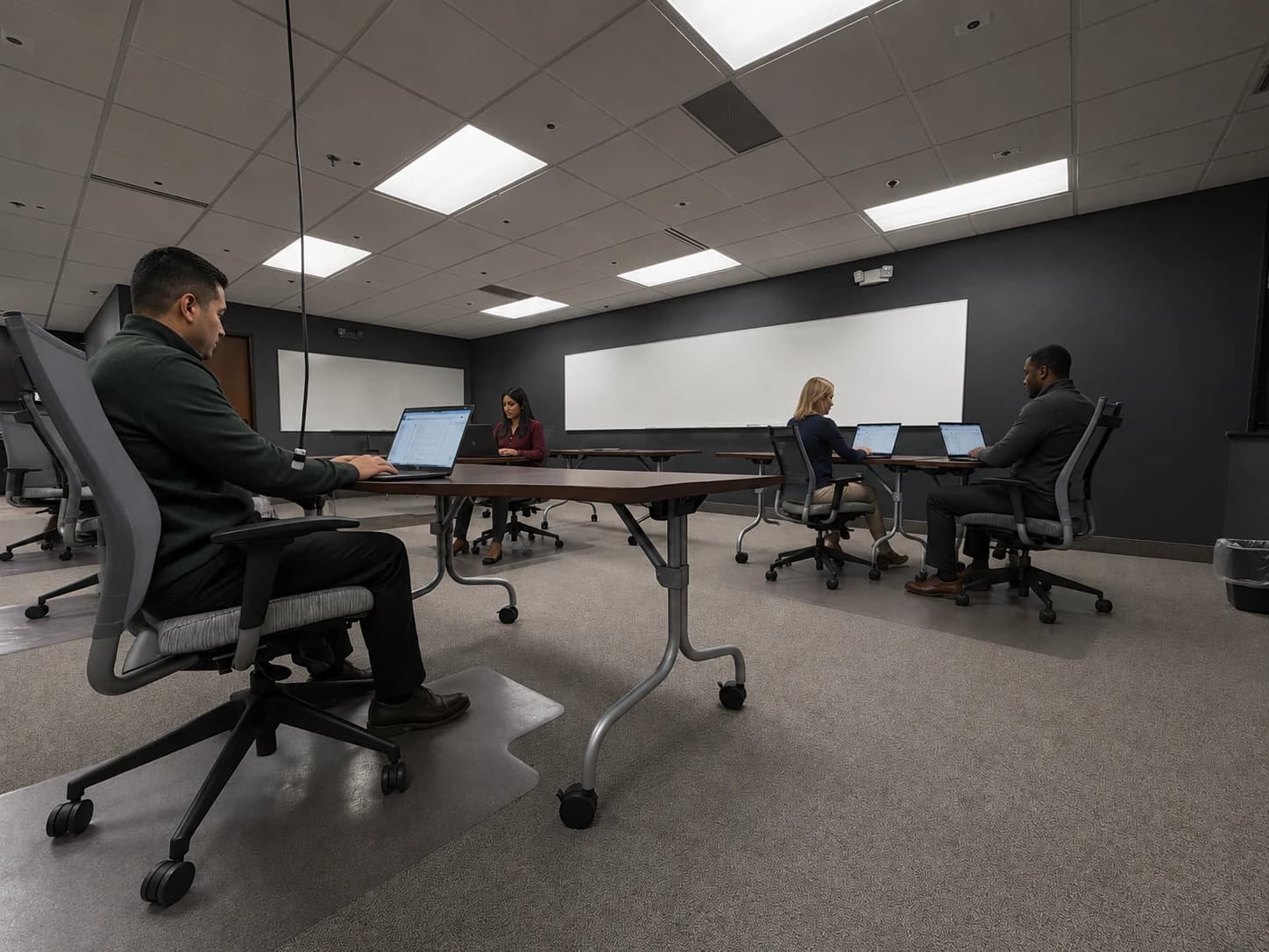 The training room seen from the doorway, whiteboards lit