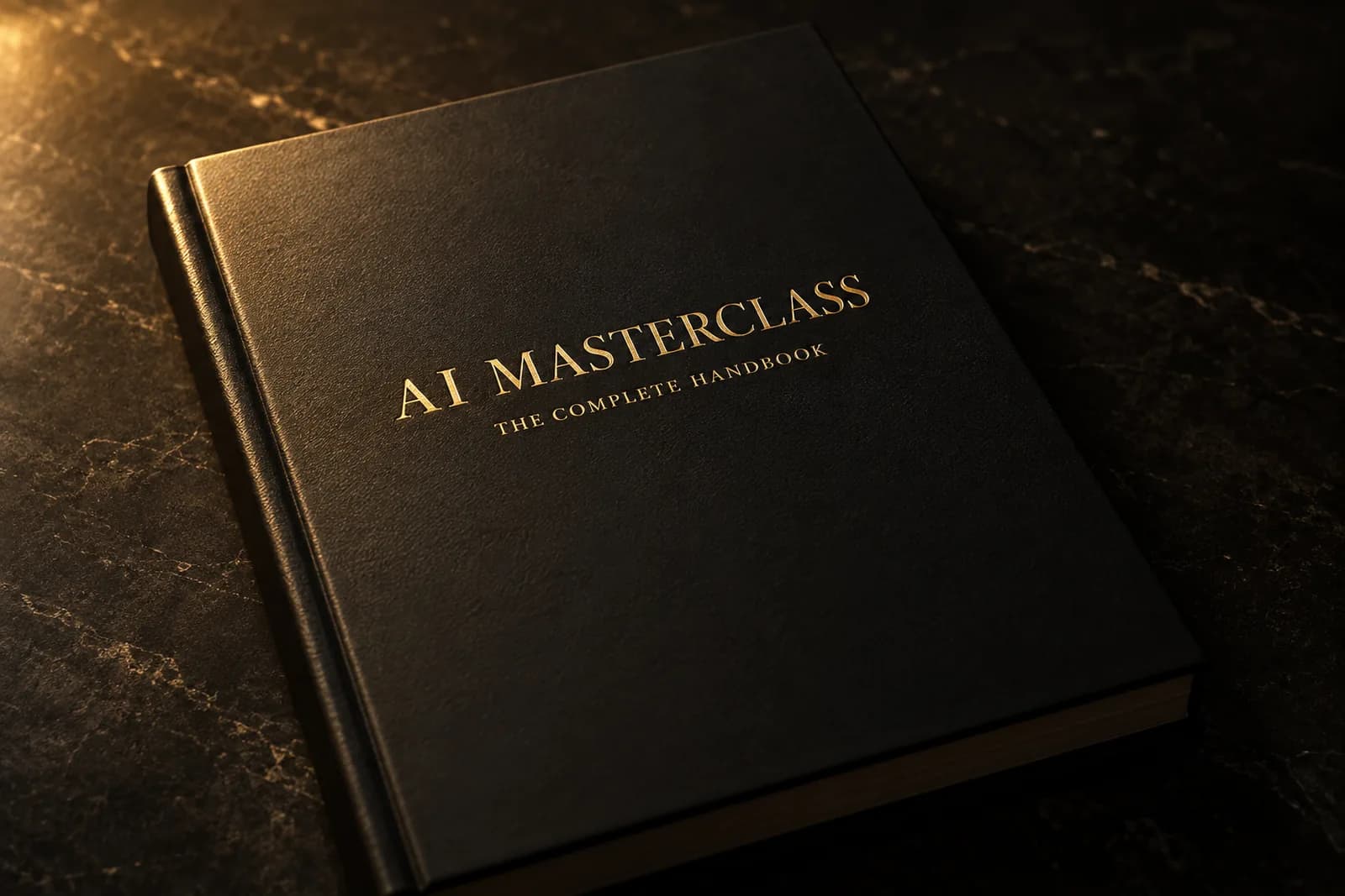 The AI Website Masterclass handbook: a black hardcover with gold lettering
