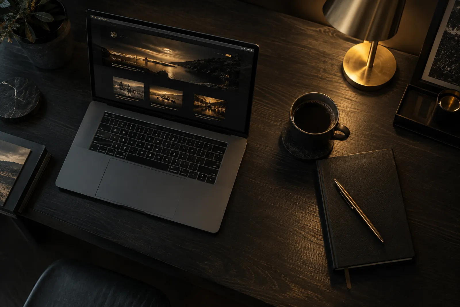 A desk with a laptop showing a finished website