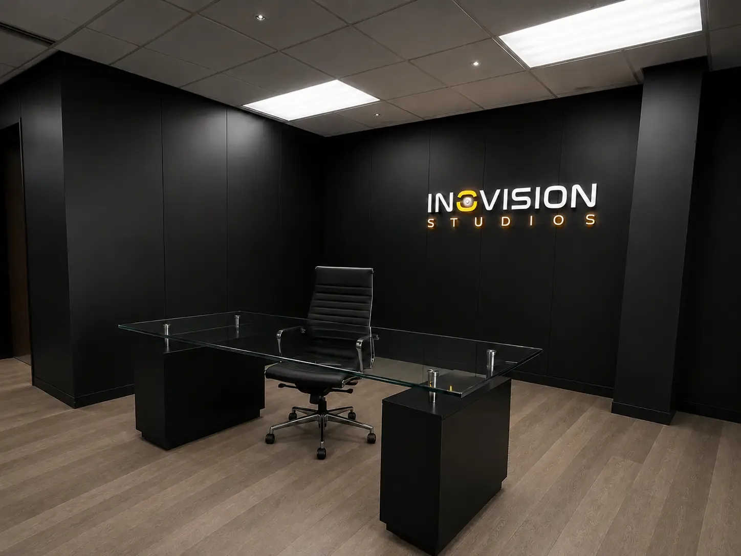 Inovision Studios reception with the illuminated studio logo in Rochester Hills