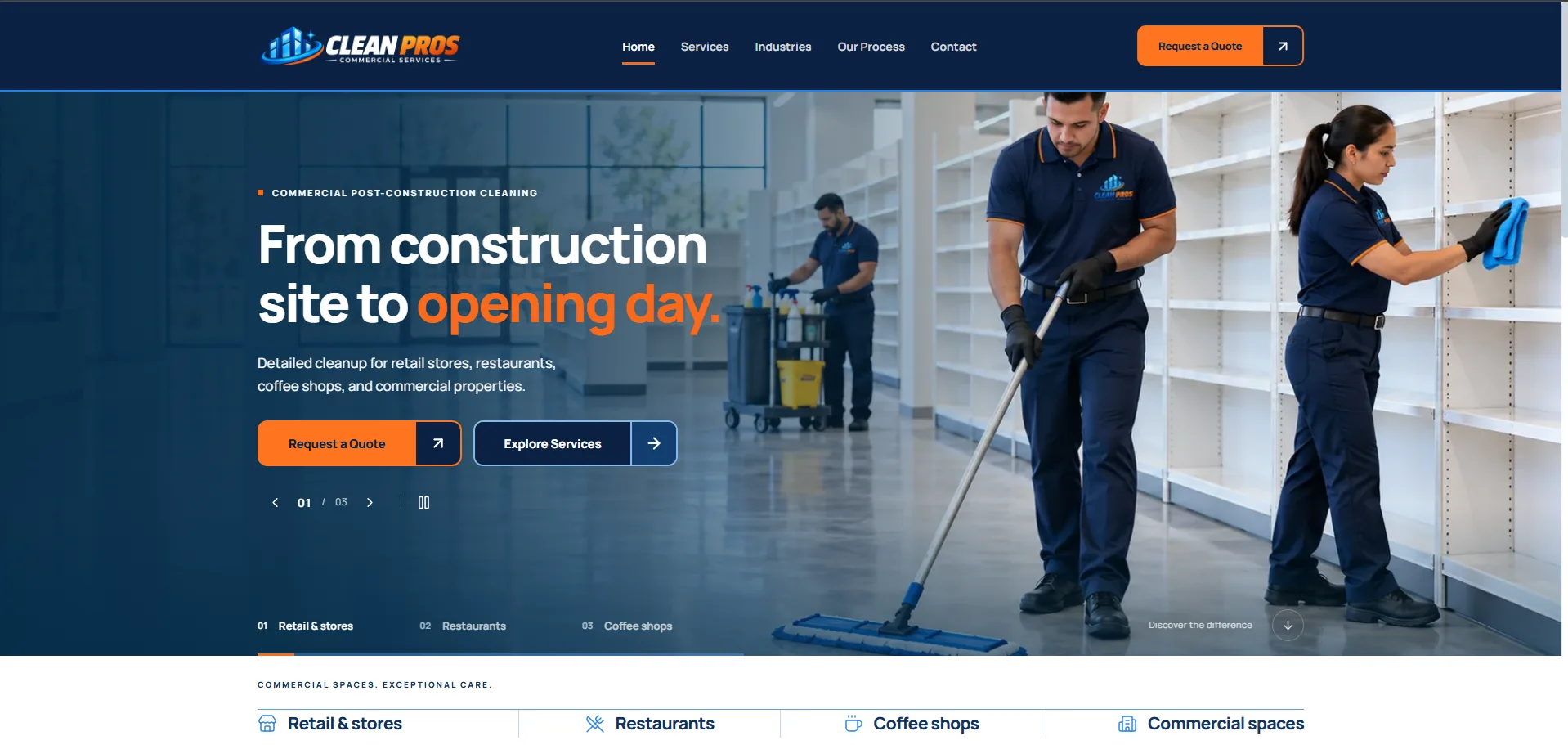 Professional cleaner preparing a newly renovated commercial space for opening day