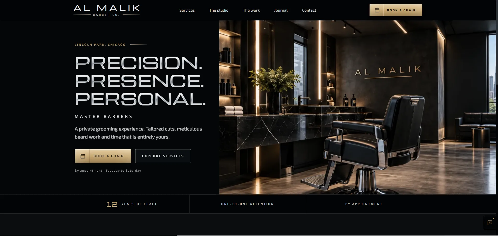 Al Malik barber website preview featuring an upscale design and appointment booking buttons.